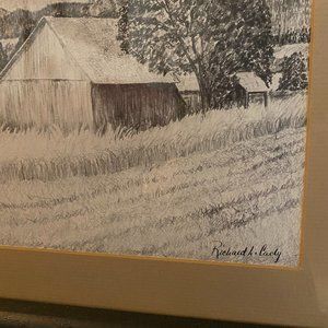 Framed matted pencil sketch barn scene Richard L Cady
